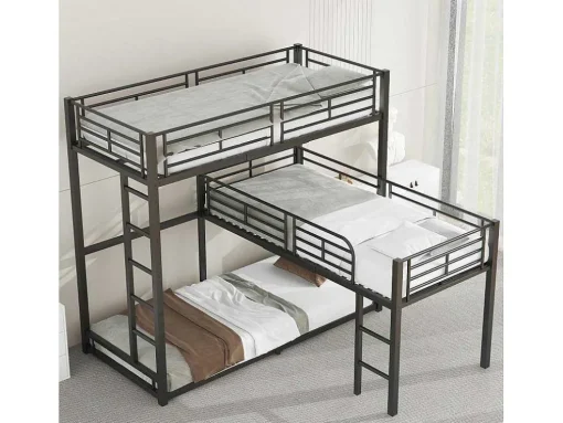 Driedubbele Stapelbedden 90 X 200 Cm - Hoge Reling En Ladder - Metaal - Zwart