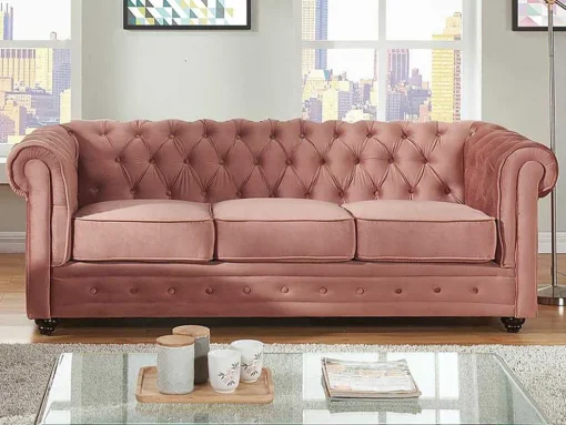 Driezitsbank Chesterfield - Fluweel - Pastel Roze