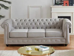 Driezitsbank Chesterfield - Fluweel - Licht Grijs
