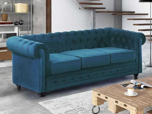Driezitsbank Chesterfield Fluweel - Eend Blauw