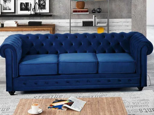 Driezitsbank Chesterfield - Fluweel - Koningsblauw
