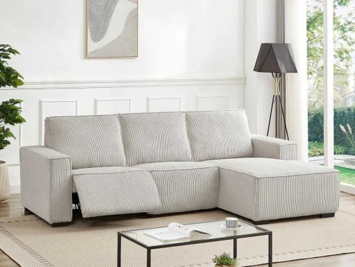 Driezitsbank En Elektrische Relaxfauteuil In Beige Ribfluweel Amelio