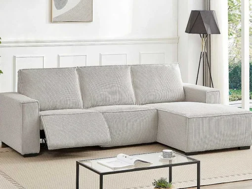Driezitsbank En Elektrische Relaxfauteuil In Beige Ribfluweel Amelio
