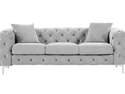 Driezits-Chesterfield-Bank Van Lichtgrijs Velours Edwina