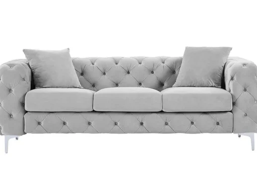 Driezits-Chesterfield-Bank Van Lichtgrijs Velours Edwina