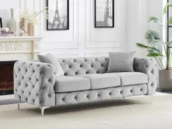 Driezits-Chesterfield-Bank Van Lichtgrijs Velours Edwina