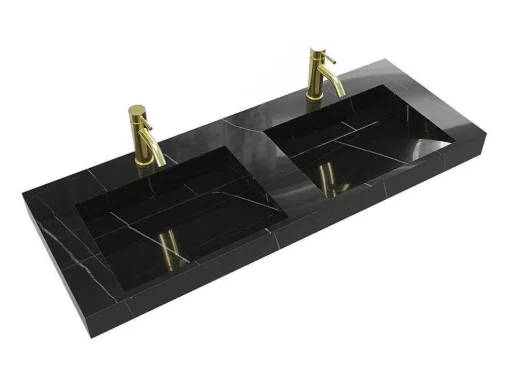 Dubbele Hangwasbak In Solid Surface Met De Look Van Zwart Marmer - L120,2 X B45,2 X H8 Cm - Takotna
