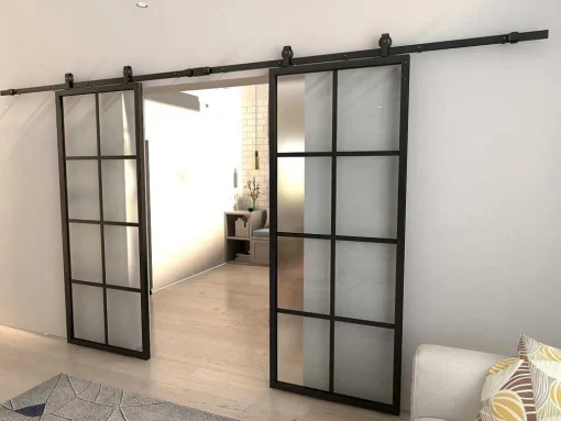 Dubbele Schuifdeur H205 X B83 Cm - Aluminium En Mat Gehard Glas - Wilden