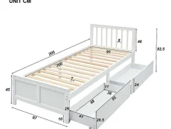 Eenpersoonsbed 90X200Cm In Massief Hout Met 2 Laden - Wit
