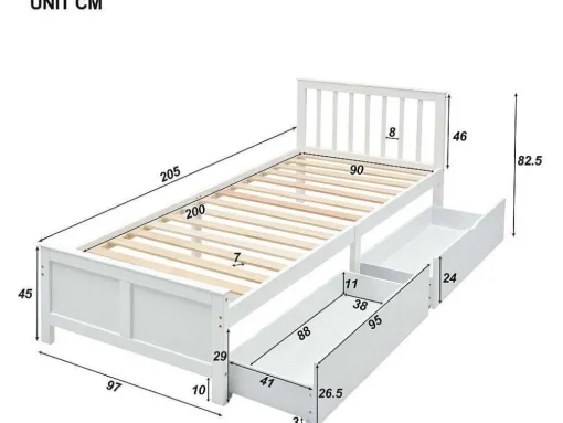 Eenpersoonsbed 90X200Cm In Massief Hout Met 2 Laden - Wit