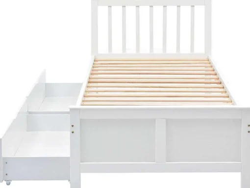 Eenpersoonsbed 90X200Cm In Massief Hout Met 2 Laden - Wit