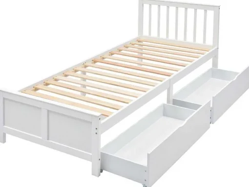 Eenpersoonsbed 90X200Cm In Massief Hout Met 2 Laden - Wit