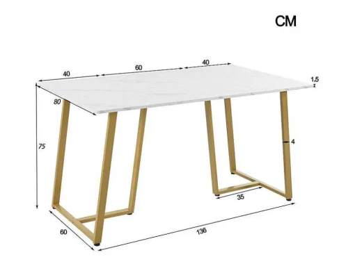 Eettafel 140X80 Cm - Metalen Structuur - Marmerpatroon Fineer - Wit & Goud