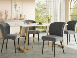 Eettafel 140X80 Cm - Metalen Structuur - Marmerpatroon Fineer - Wit & Goud