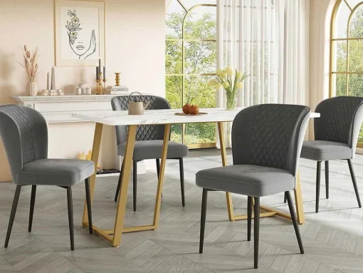 Eettafel 140X80 Cm - Metalen Structuur - Marmerpatroon Fineer - Wit & Goud