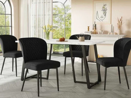 Eettafel 140X80 Cm - Metalen Structuur - Marmerpatroon Fineer - Wit & Zwart