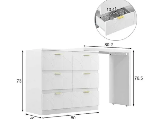 Eigentijdse Scandinavische Draaibare Kaptafel Met 6 Lades - Versierd Met Bloemmotief - Wit
