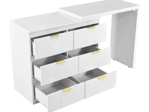 Eigentijdse Scandinavische Draaibare Kaptafel Met 6 Lades - Versierd Met Bloemmotief - Wit