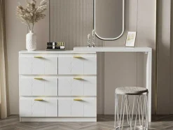 Eigentijdse Scandinavische Draaibare Kaptafel Met 6 Lades - Versierd Met Bloemmotief - Wit