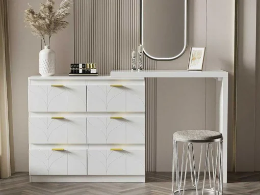 Eigentijdse Scandinavische Draaibare Kaptafel Met 6 Lades - Versierd Met Bloemmotief - Wit