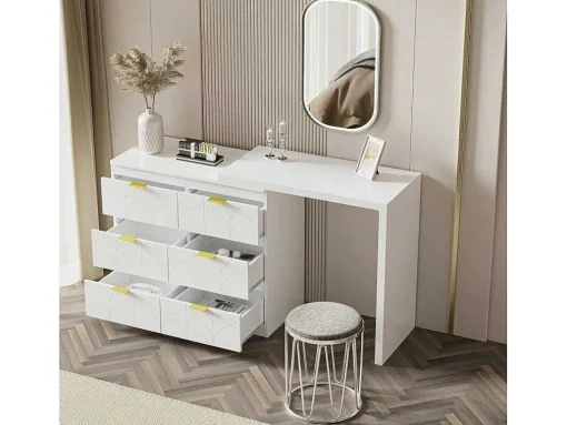 Eigentijdse Scandinavische Draaibare Kaptafel Met 6 Lades - Versierd Met Bloemmotief - Wit