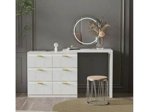 Eigentijdse Scandinavische Draaibare Kaptafel Met 6 Lades - Versierd Met Bloemmotief - Wit