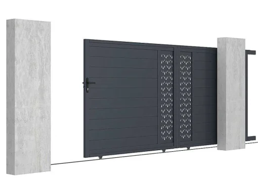 Elektrische Schuifpoort Van Aluminium Met Motieven - Halfopengewerkt - L.416 X H.180 Cm - Antraciet - Gregor