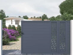 Elektrische Schuifpoort Van Aluminium Met Motieven - Halfopengewerkt - L.416 X H.180 Cm - Antraciet - Gregor