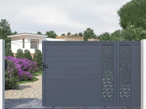 Elektrische Schuifpoort Van Aluminium Met Motieven - Halfopengewerkt - L.416 X H.180 Cm - Antraciet - Gregor