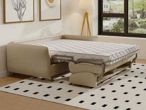 Express-Driezitsslaapbank Van Beige Stof - Bed Met Brede Latten 140 Cm - Matras 14 Cm Arcadia