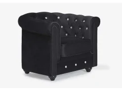 Fauteuil Chesterfield - Fluweel - Zwart Met Kristallen Knopen