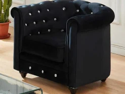 Fauteuil Chesterfield - Fluweel - Zwart Met Kristallen Knopen