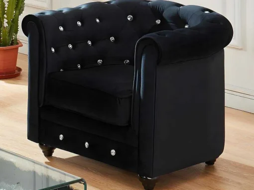 Fauteuil Chesterfield - Fluweel - Zwart Met Kristallen Knopen
