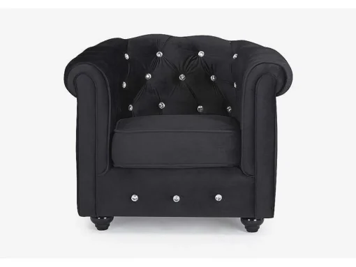 Fauteuil Chesterfield - Fluweel - Zwart Met Kristallen Knopen
