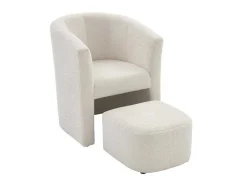 Fauteuil Met Holle Rugleuning En Poef In Witte Bouclestof Jovana