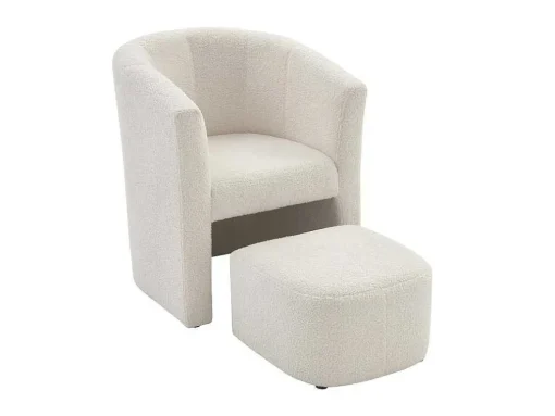 Fauteuil Met Holle Rugleuning En Poef In Witte Bouclestof Jovana