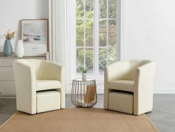 Fauteuil Met Holle Rugleuning En Poef In Beige Kunstleer Jovana