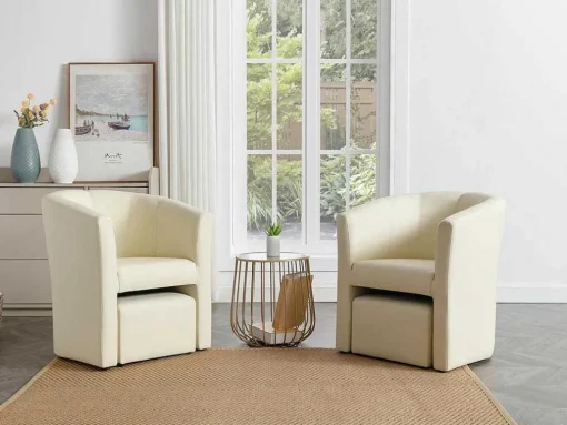 Fauteuil Met Holle Rugleuning En Poef In Beige Kunstleer Jovana