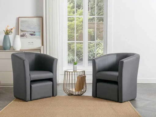 Fauteuil Met Holle Rugleuning En Poef In Grijs Kunstleer Jovana