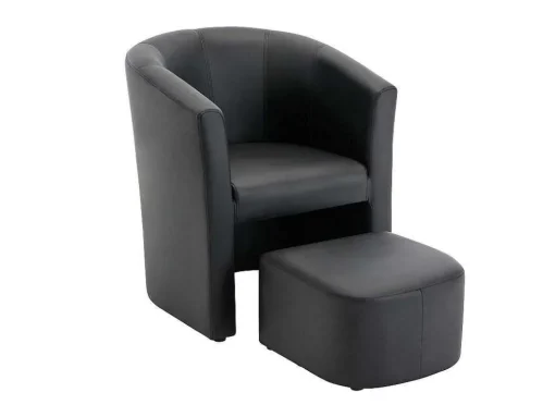 Fauteuil Met Holle Rugleuning En Poef In Zwart Kunstleer Jovana
