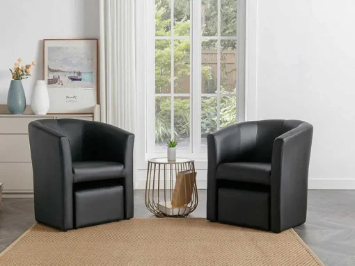 Fauteuil Met Holle Rugleuning En Poef In Zwart Kunstleer Jovana