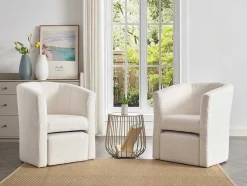 Fauteuil Met Holle Rugleuning En Poef In Witte Bouclestof Jovana