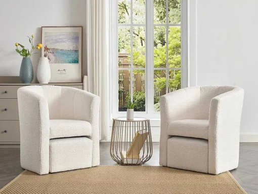 Fauteuil Met Holle Rugleuning En Poef In Witte Bouclestof Jovana