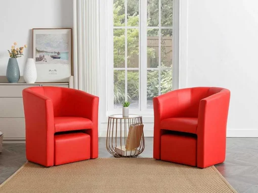 Fauteuil Met Holle Rugleuning En Poef In Rood Kunstleer Jovana