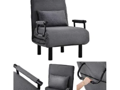 Fauteuil Met Kussen En Verstelbare Rugleuning - Om Te Bouwen Tot Fauteuil - Linnen Stof - Grijs