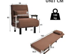 Fauteuil Met Kussen En Verstelbare Rugleuning - Om Te Bouwen Tot Fauteuil - Linnen Stof - Bruin