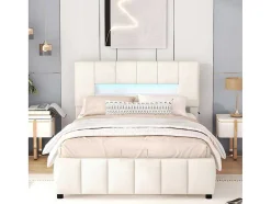 Fluwelen Opbergbed Met Led En Lattenbodem - 140X200Cm - Beige