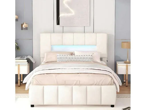 Fluwelen Opbergbed Met Led En Lattenbodem - 140X200Cm - Beige