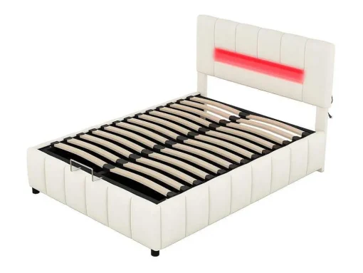 Fluwelen Opbergbed Met Led En Lattenbodem - 140X200Cm - Beige