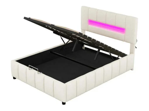 Fluwelen Opbergbed Met Led En Lattenbodem - 140X200Cm - Beige